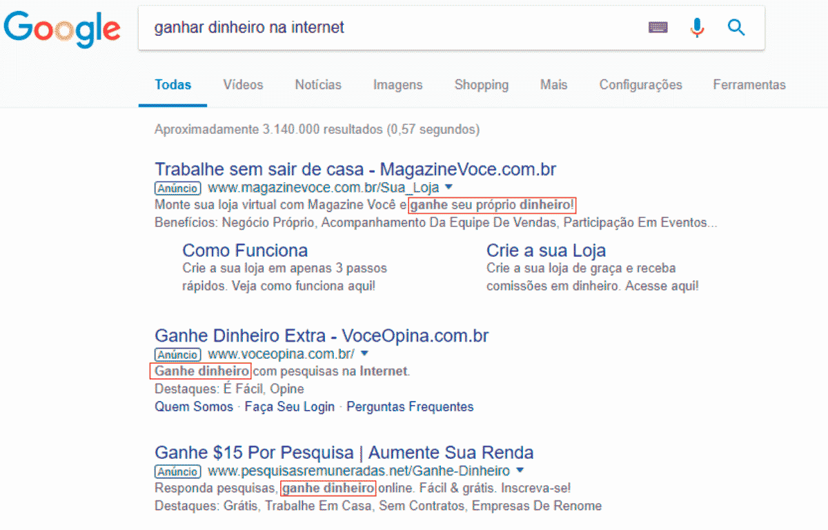 Resultado de pesquisa no Google com o termo "como ganhar dinheiro na internet"
